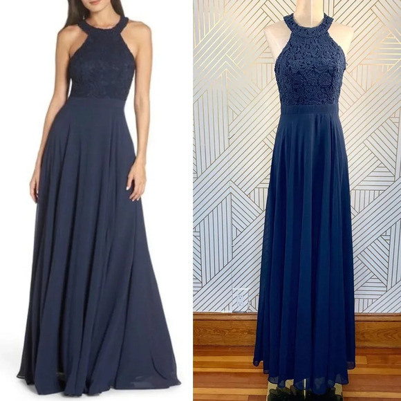 Lulu's Love Poem Lace Halter Gown in Navy Blue - Picture 1 of 9